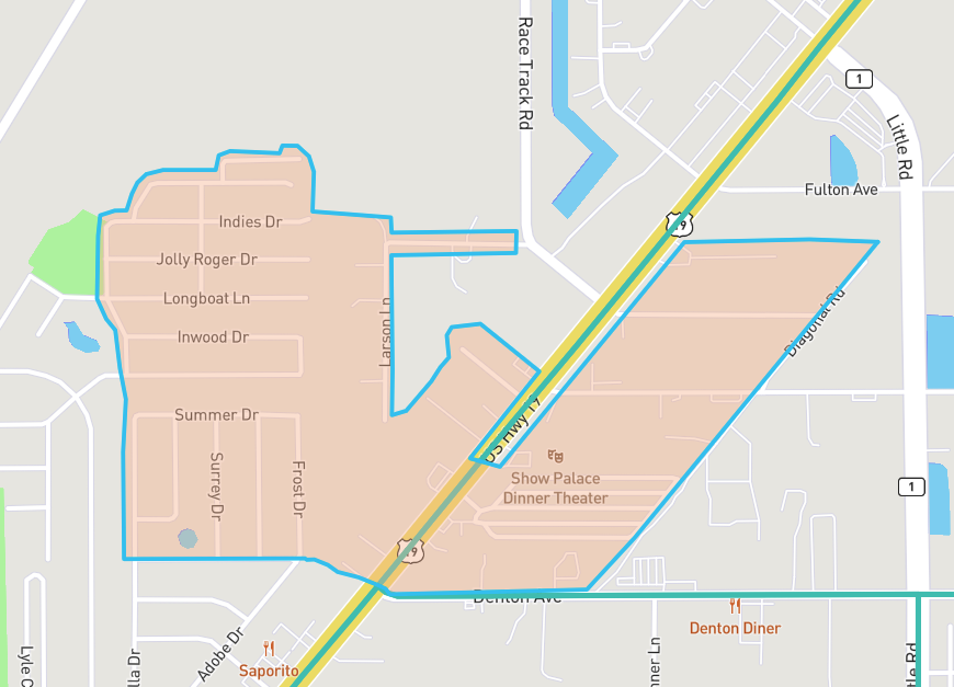 The image shows a map with highlighted areas, streets labeled, and nearby points of interest, including the Show Palace Dinner Theater.