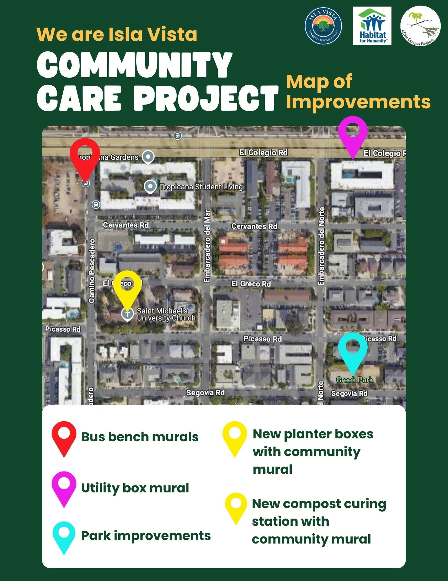 Map of Isla Vista Community Care Project improvements with locations for murals, planter boxes, park upgrades, and compost station.