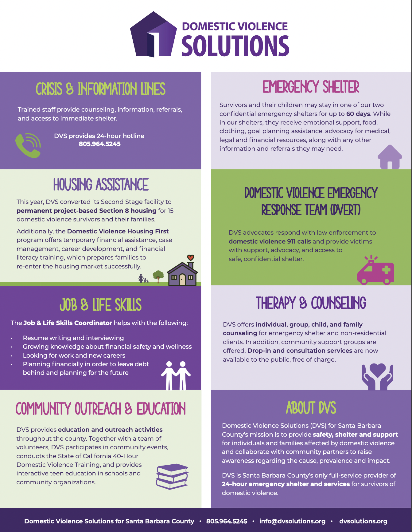 An infographic detailing Domestic Violence Solutions services, including crisis lines, shelter, housing, therapy, and outreach.