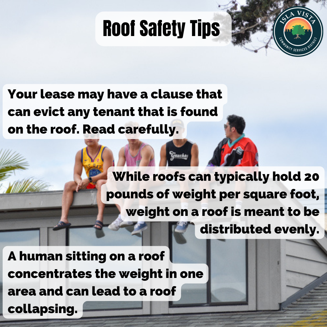 The image provides roof safety tips, highlighting lease clauses, weight limits, and risks of uneven weight distribution.