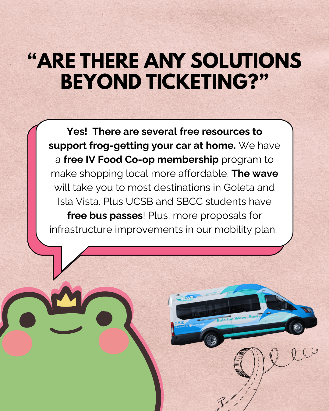 The image discusses free resources for car support, including a Co-op membership, free bus passes, and improved infrastructure plans.