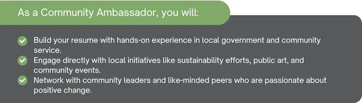 It's a graphic promoting roles of a Community Ambassador, including resume building, local engagement, and networking.