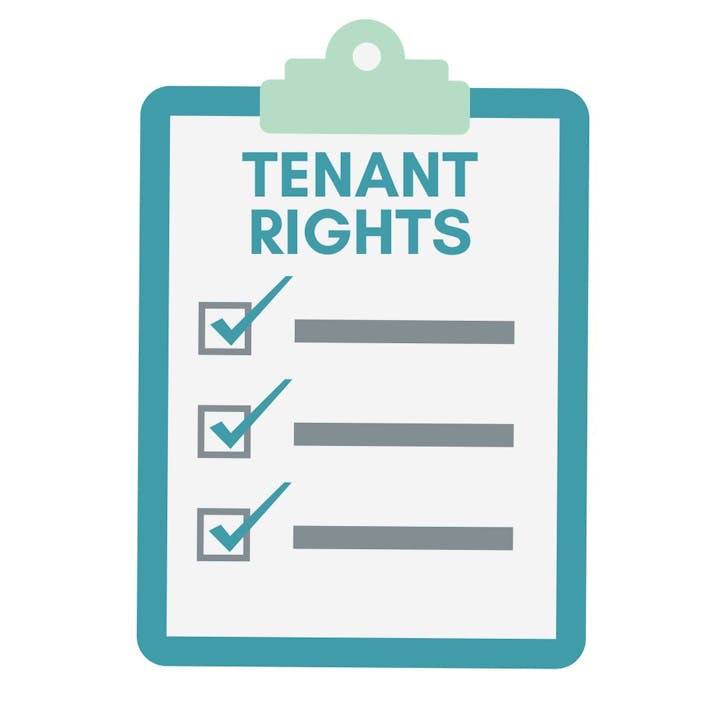 A clipboard with "TENANT RIGHTS" title and checked boxes, symbolizing a checklist for renters' protections.