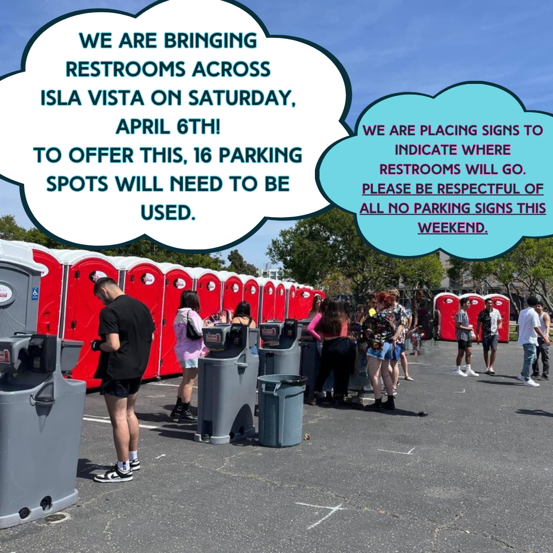 People near portable restrooms with informational bubbles about restroom availability and parking on April 6th.