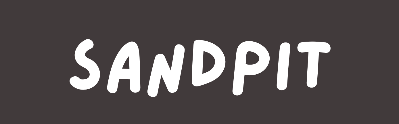 The image features the word "SANDPIT" in playful white text against a dark background.