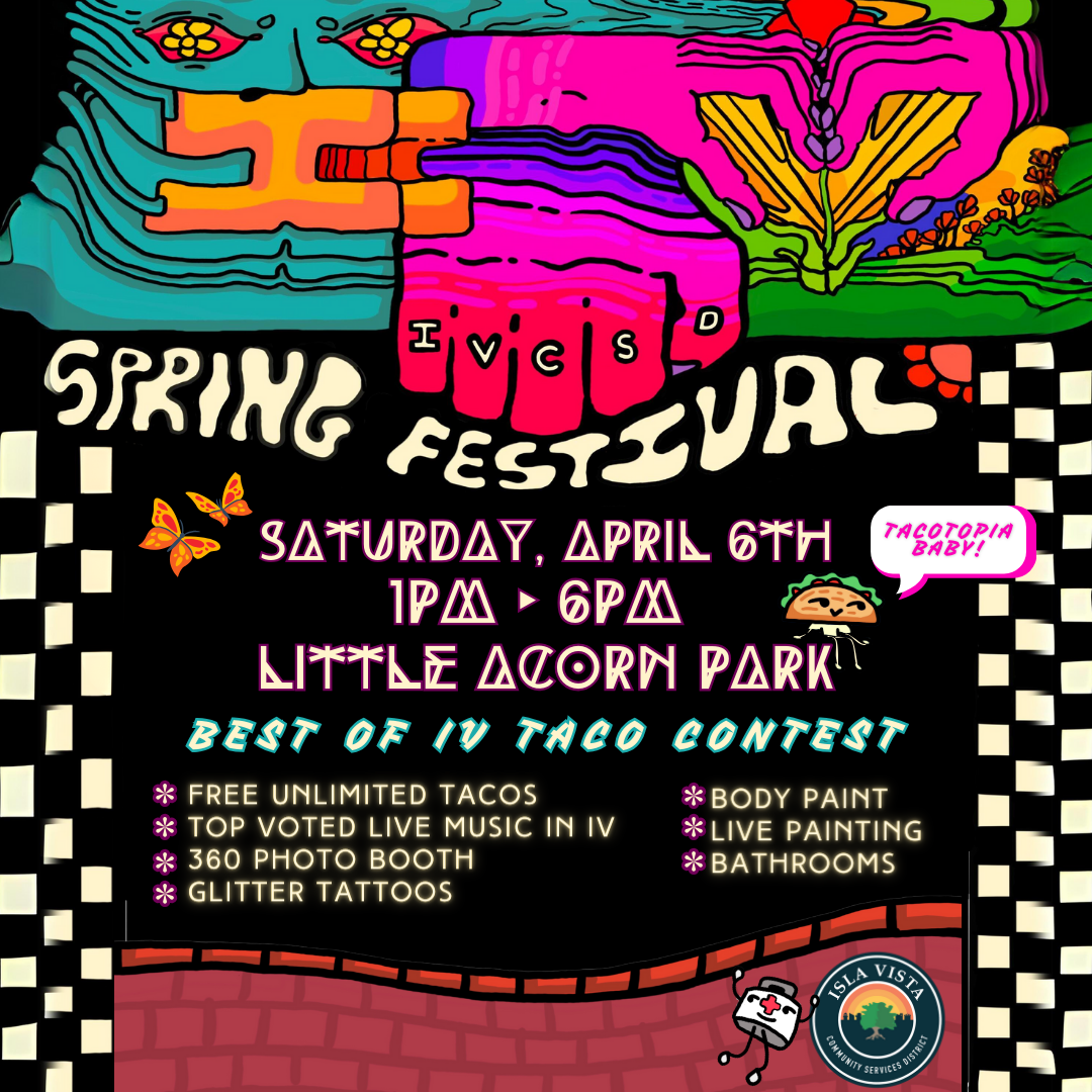 Colorful poster for a Spring Festival with tacos, music, and activities, happening on April 6th from 1-6 PM at Little Acorn Park.