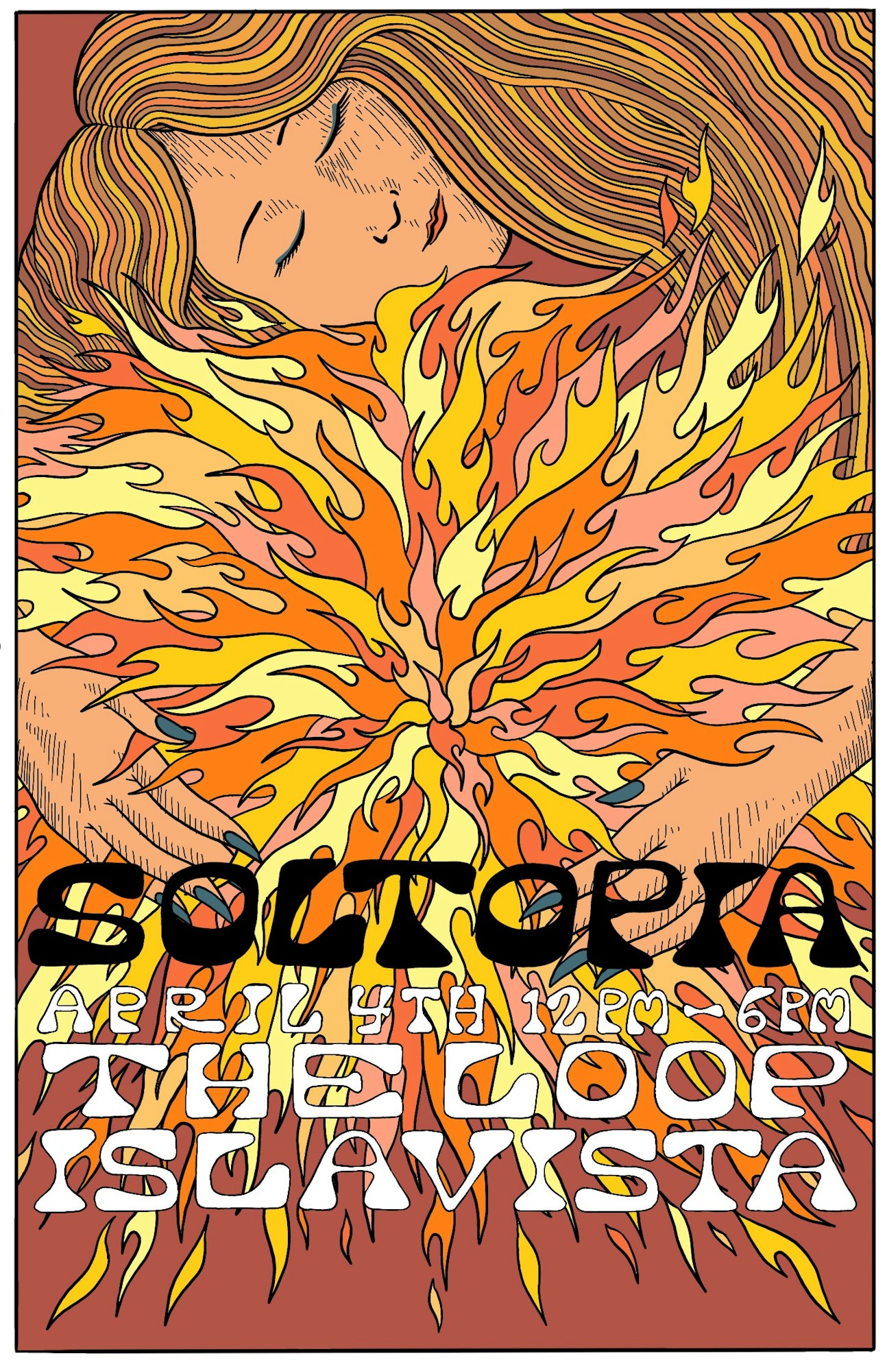 The image features a colorful illustration for an event called "Soltopia" on April 14th, 12 PM - 6 PM, at The Loop in Isla Vista.