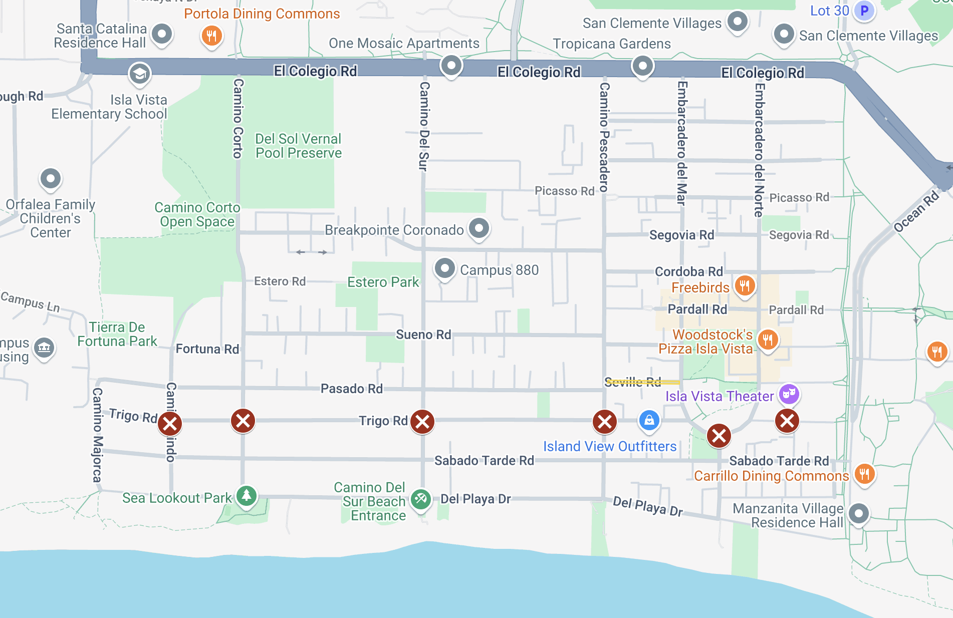 Map of Isla Vista, California, showing streets, parks, and dining options like Freebirds and Woodstock's Pizza.