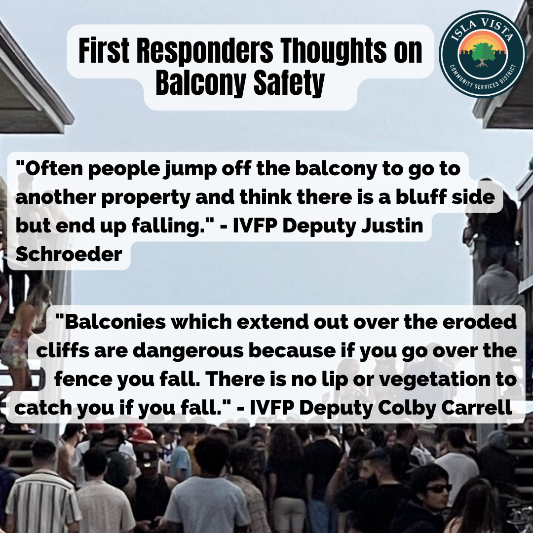 The image discusses balcony safety, featuring quotes from IVFP deputies warning about the dangers of jumping off balconies near cliffs.