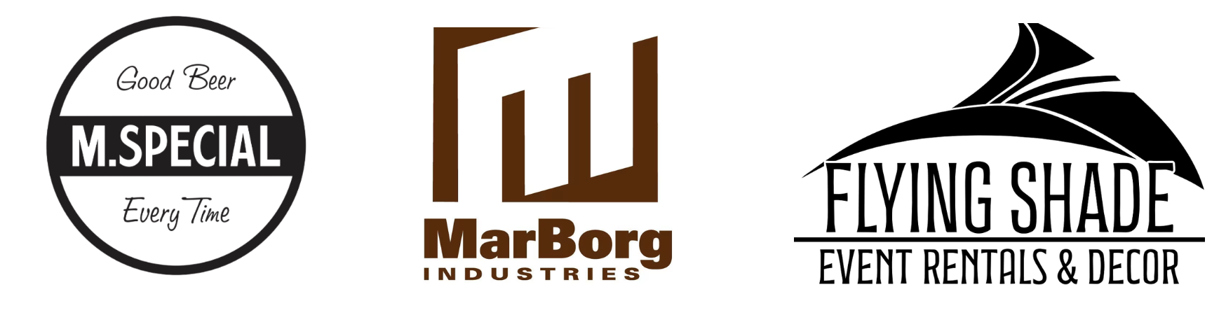 The image features three logos: M.Special (beer), MarBorg Industries (waste management), and Flying Shade (event rentals and decor).