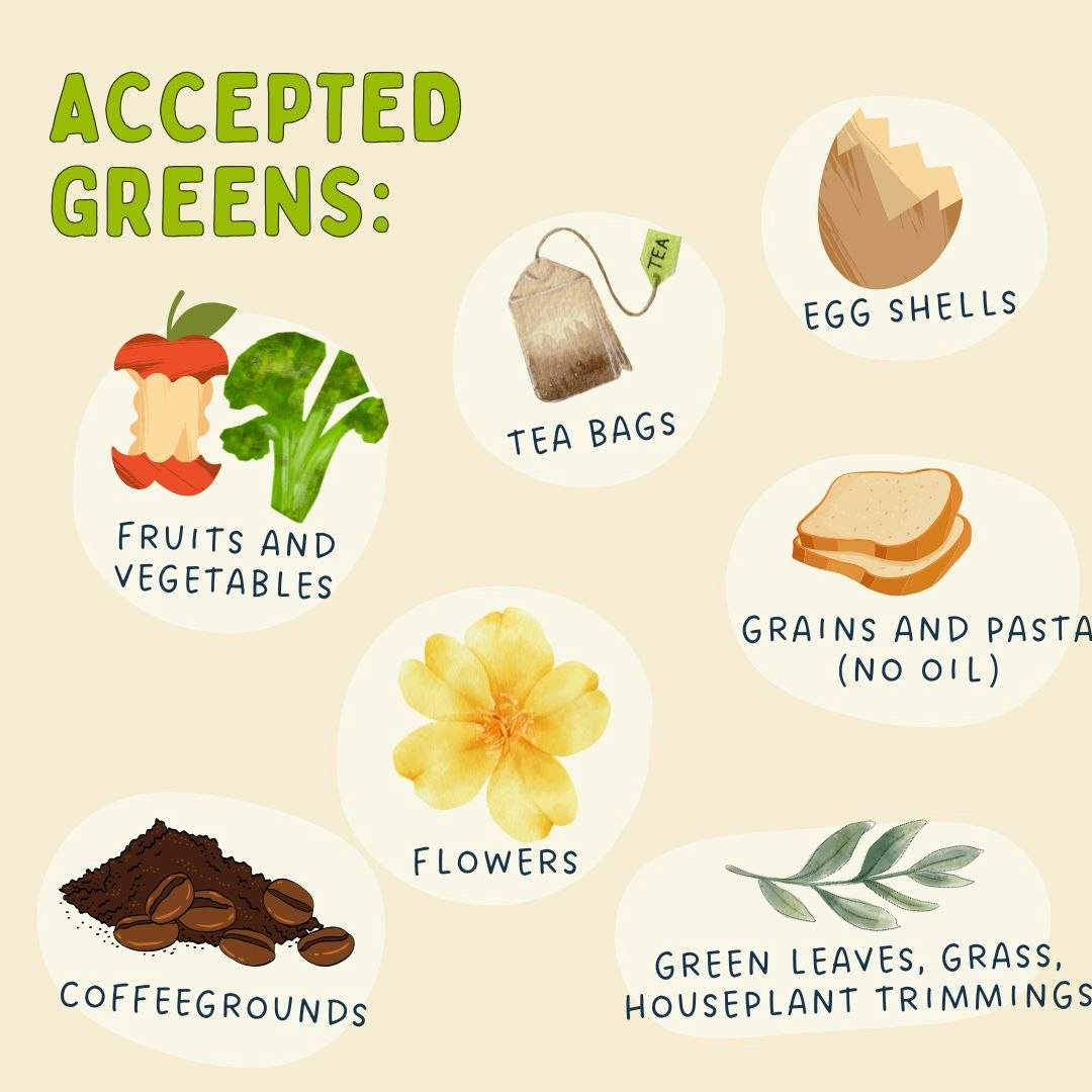Illustration of compostable items: fruits/veggies, tea bags, eggshells, grains/pasta, coffee grounds, flowers, green plant trimmings.