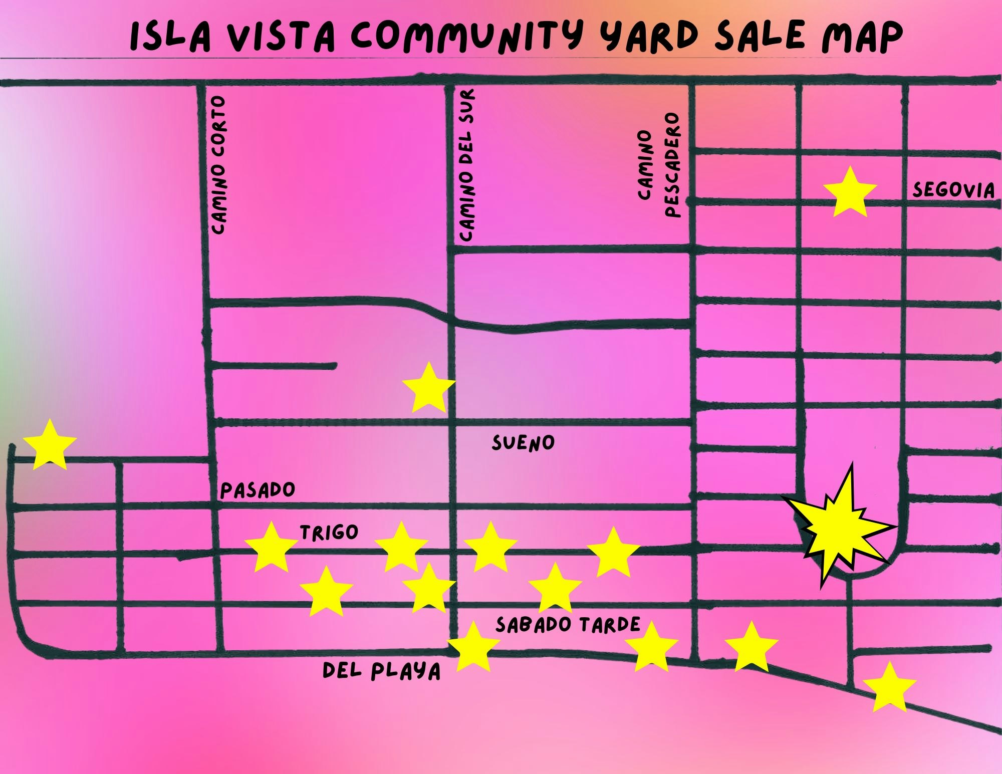 Map of Isla Vista Community Yard Sale with stars marking locations on various streets.
