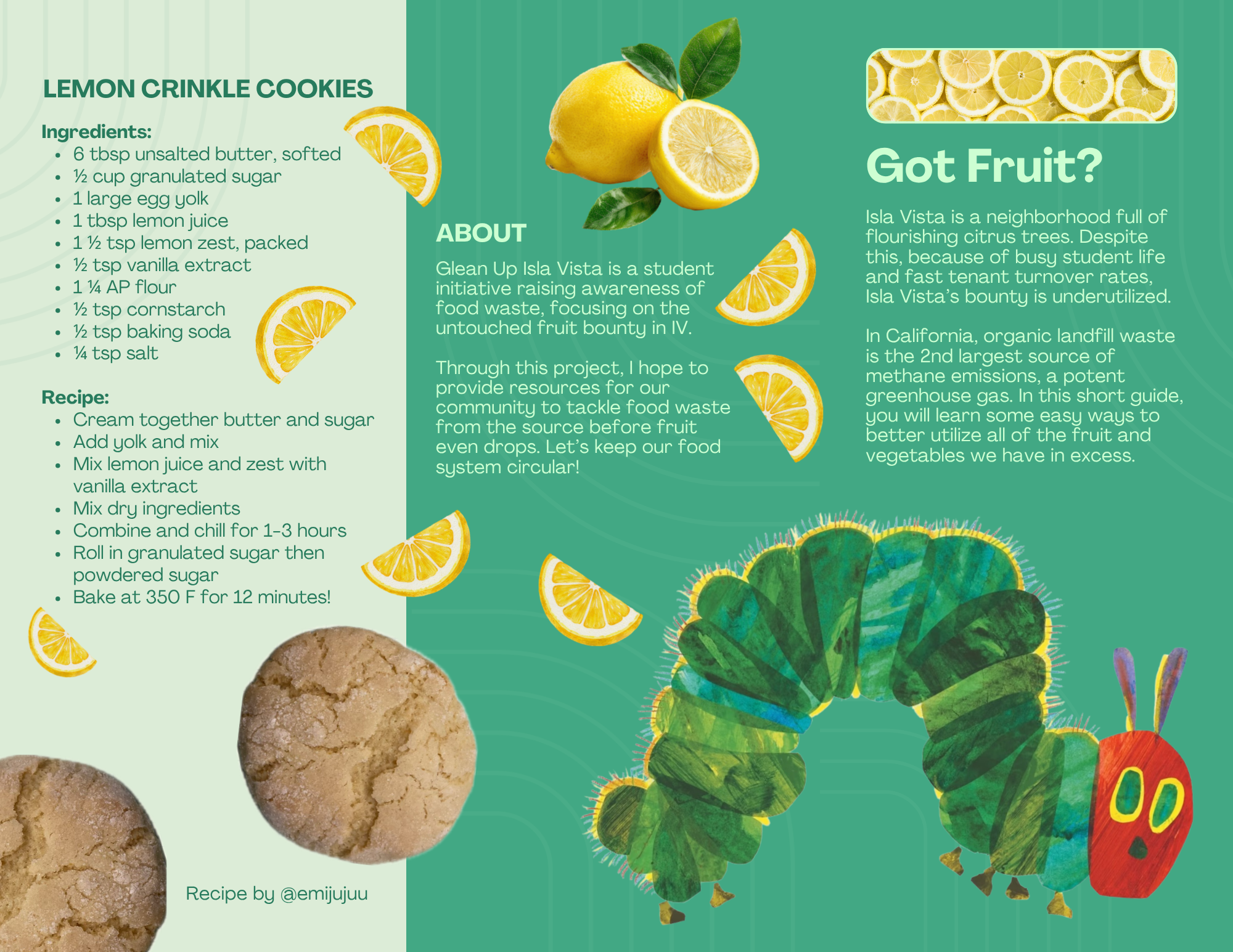 This image features a recipe for lemon crinkle cookies and promotes a food waste awareness initiative in Isla Vista.