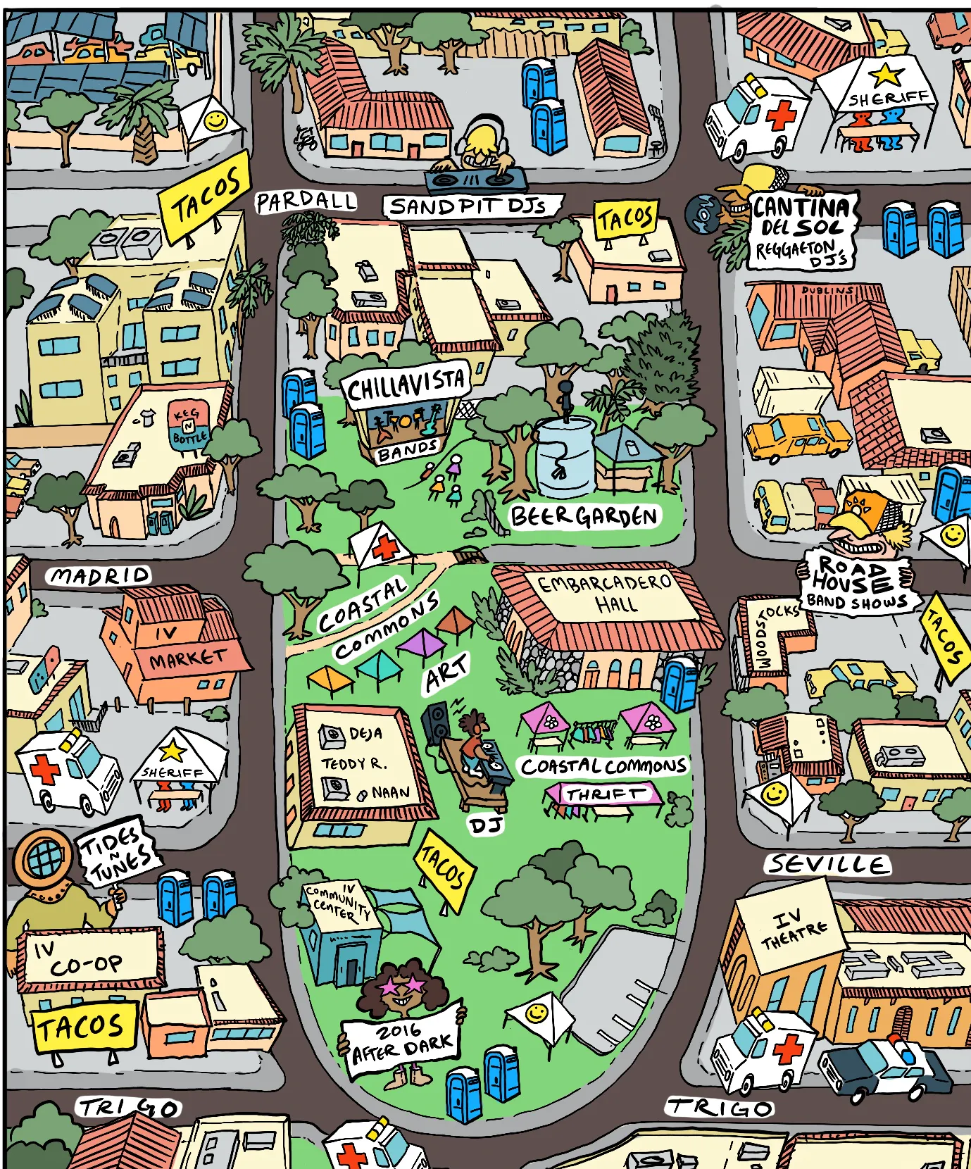 A colorful map labeled "Soltopia" featuring food spots, music venues, art areas, and community facilities.
