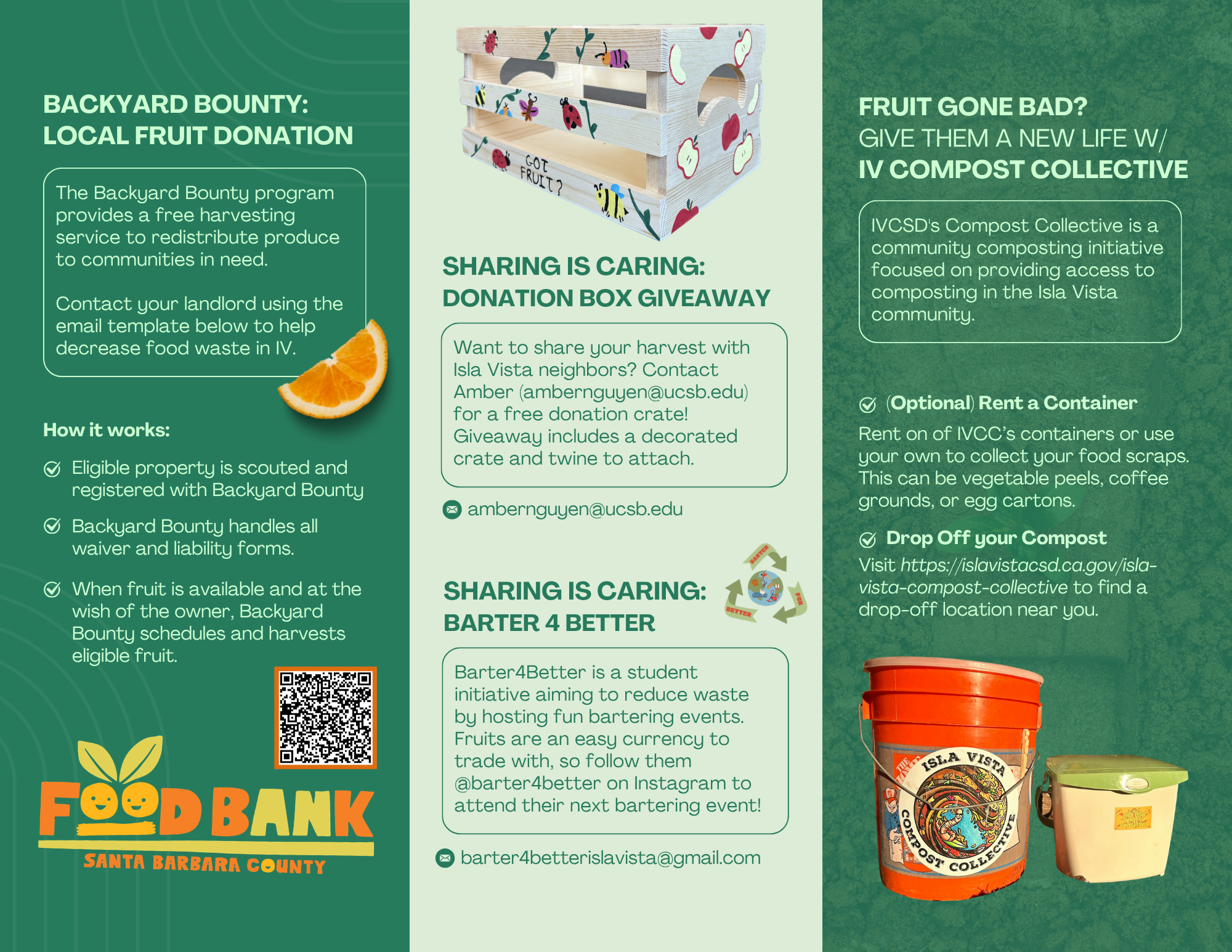 The image promotes local fruit donation through the Backyard Bounty program and composting initiatives in Isla Vista.