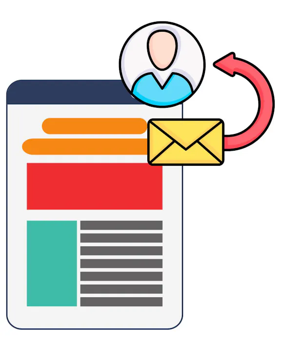 Person icon, email envelope, and document illustration with colored blocks.