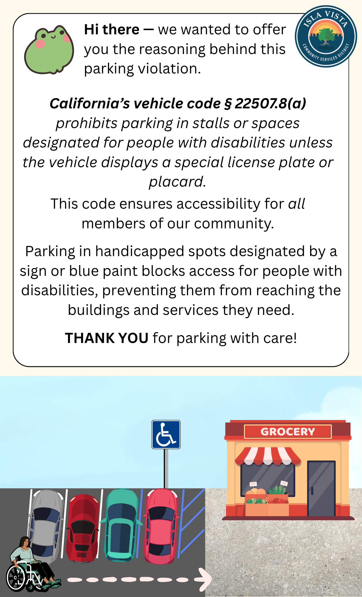 A reminder that California law prohibits parking in disabled spots without appropriate permits, ensuring accessibility for everyone.