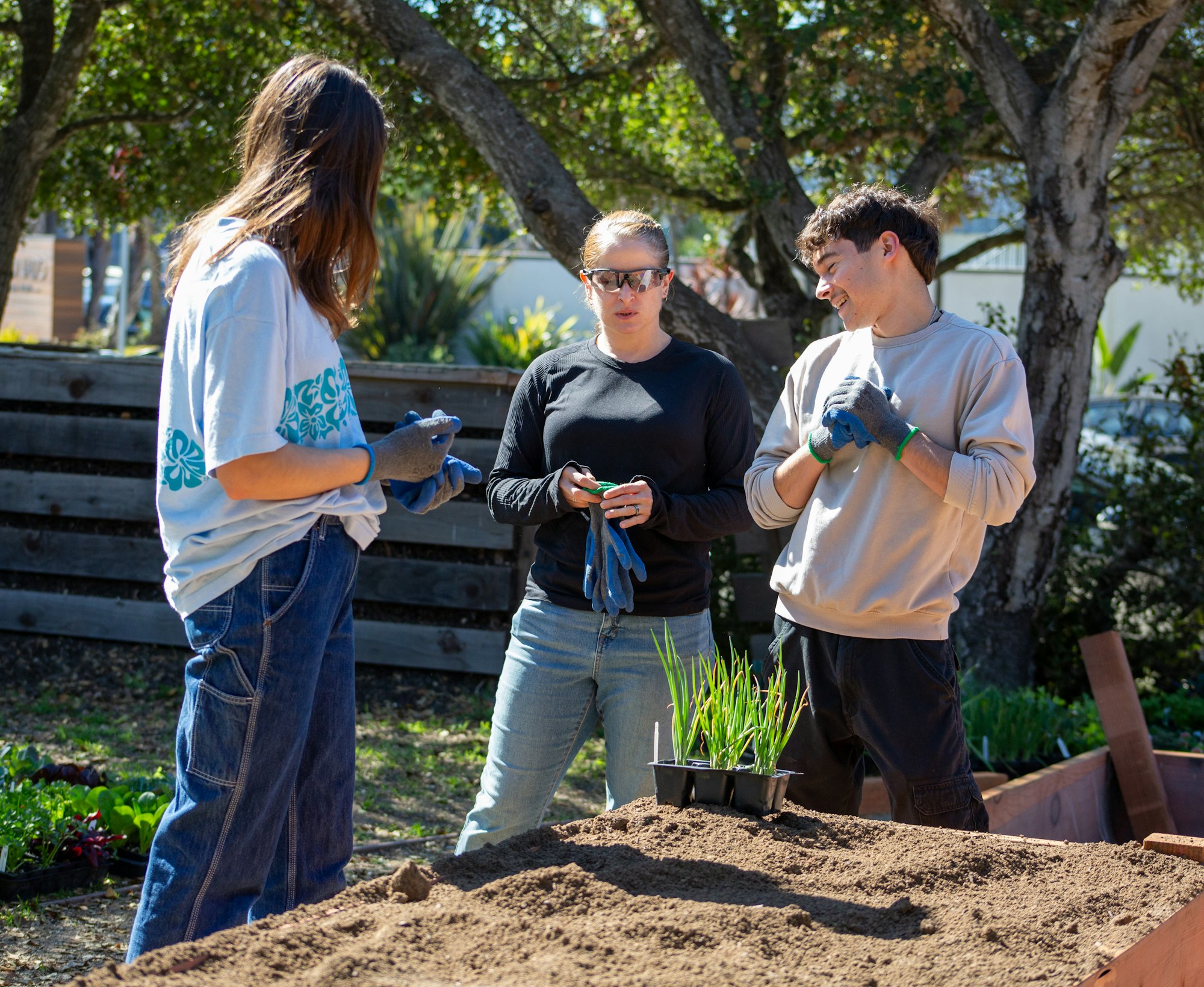 Three people in a garden talking, holding gloves, near a raised soil bed with plants.