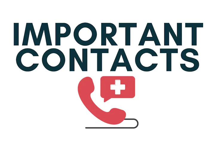 Text "IMPORTANT CONTACTS" with a red phone handset and a white cross symbol, suggesting emergency or medical contact information.