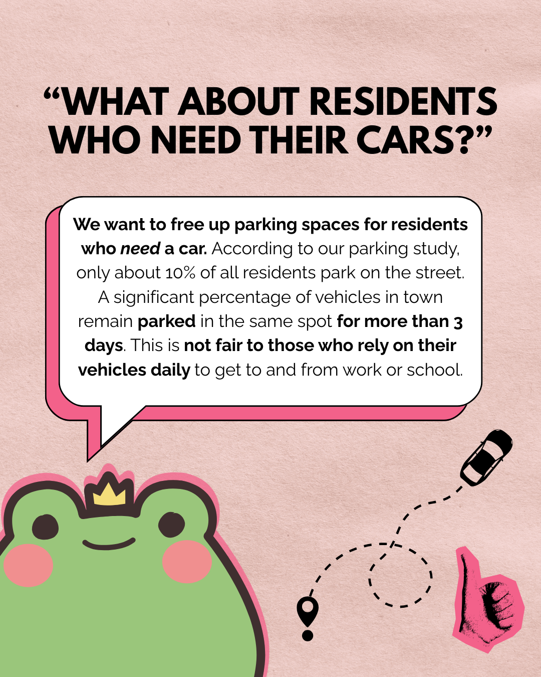 The image discusses reallocating parking spaces for residents who need their cars, highlighting an issue with long-term parking.