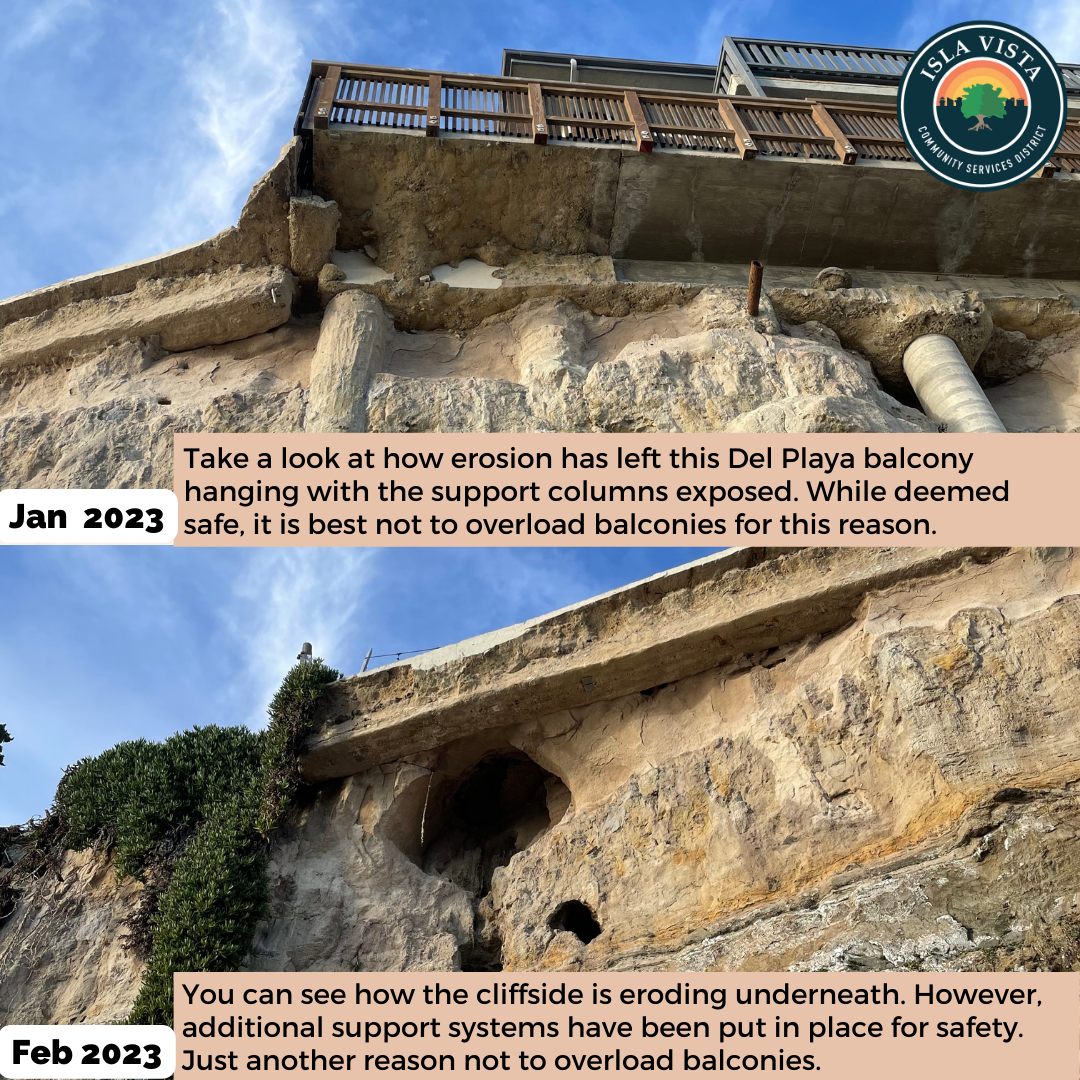 Image shows the erosion of a balcony in Del Playa. Support columns are exposed; overloading balconies is discouraged for safety.
