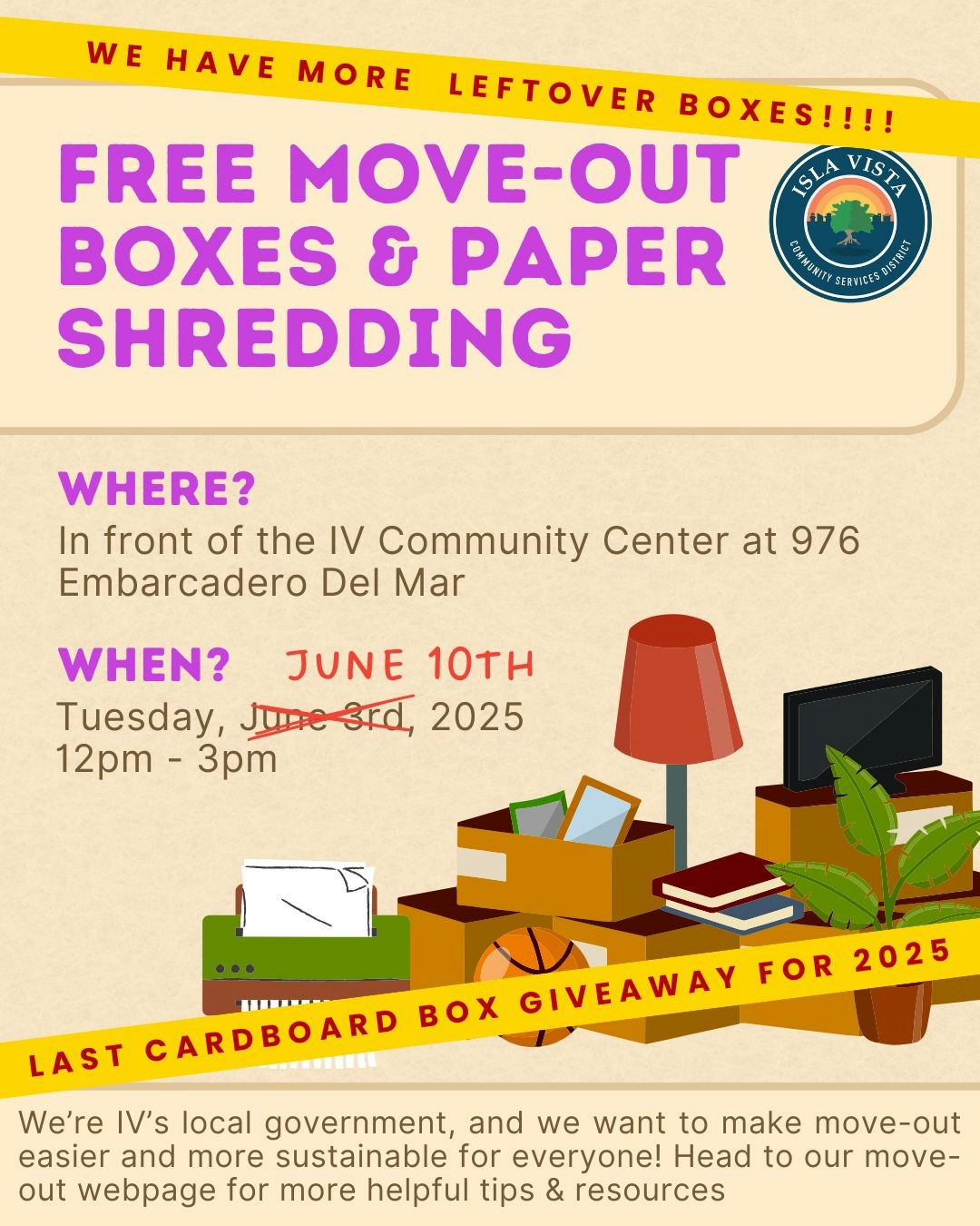 Free move-out boxes and paper shredding event at IV Community Center, June 10th, 2025, 12pm-3pm. Last cardboard box giveaway.