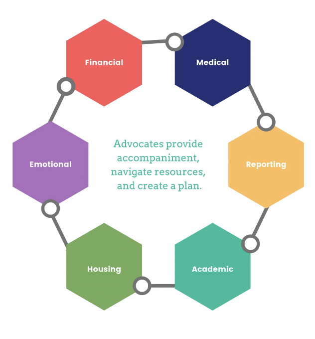 A hexagonal diagram with "Financial, Medical, Reporting, Academic, Housing, Emotional" around a statement on advocate support.