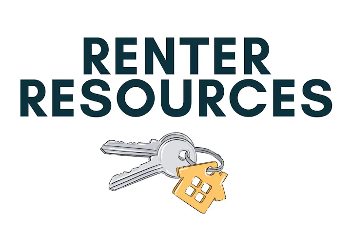 Text "RENTER RESOURCES" with an illustration of keys and a house-shaped keychain.