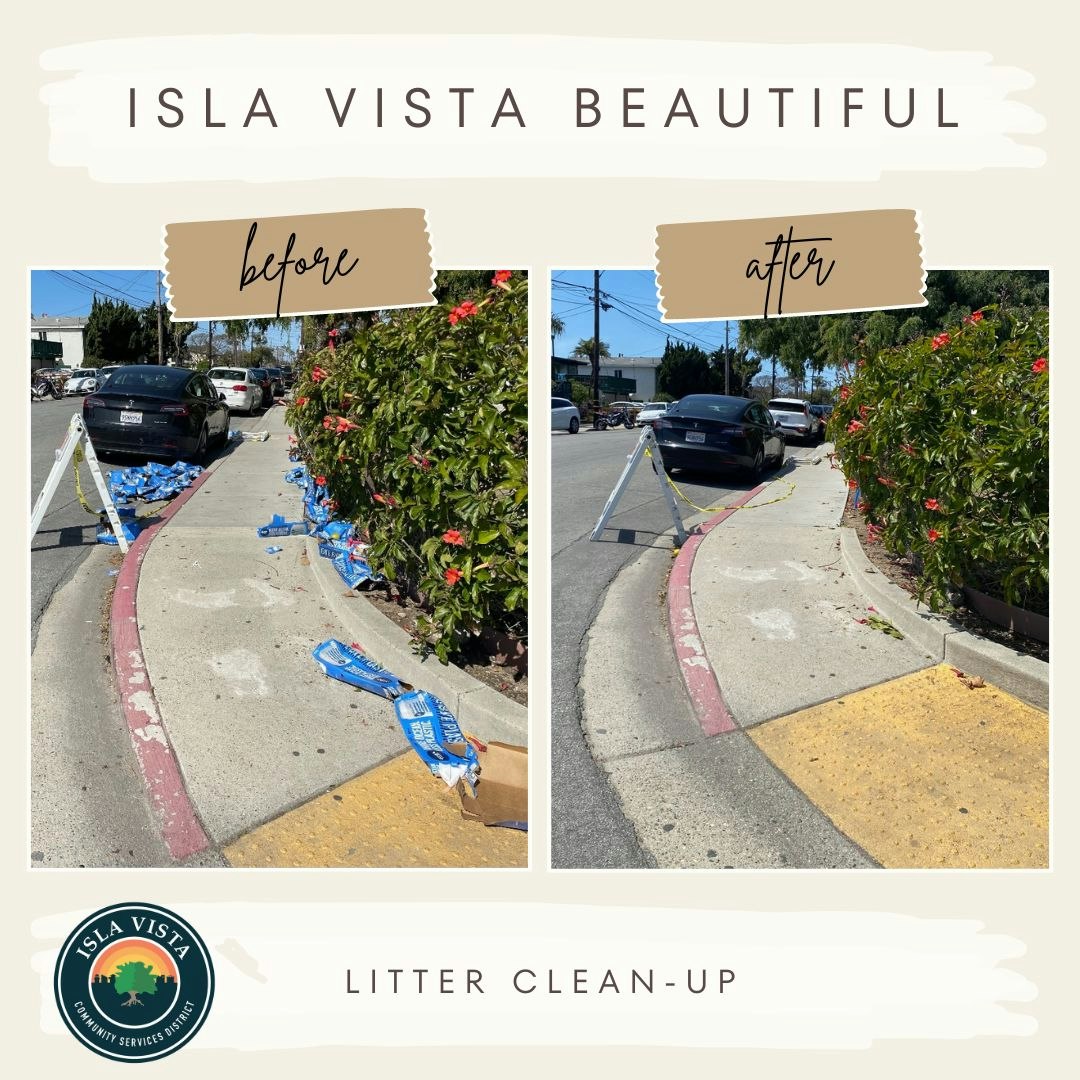 Before-and-after comparison of a street cleanup in Isla Vista, showing litter removed from a sidewalk.