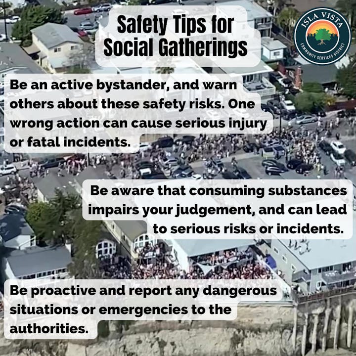 The image provides safety tips for social gatherings, emphasizing active bystandership, awareness of substance effects, and reporting dangers.
