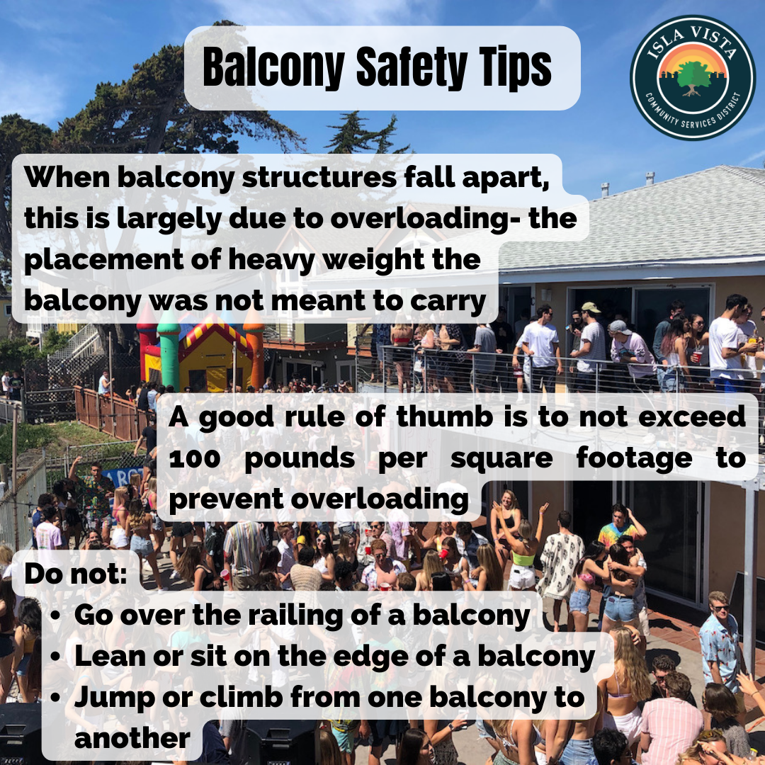 Image provides balcony safety tips: avoid overloading, do not exceed 100 lbs/sq ft, and avoid leaning over or jumping between balconies.