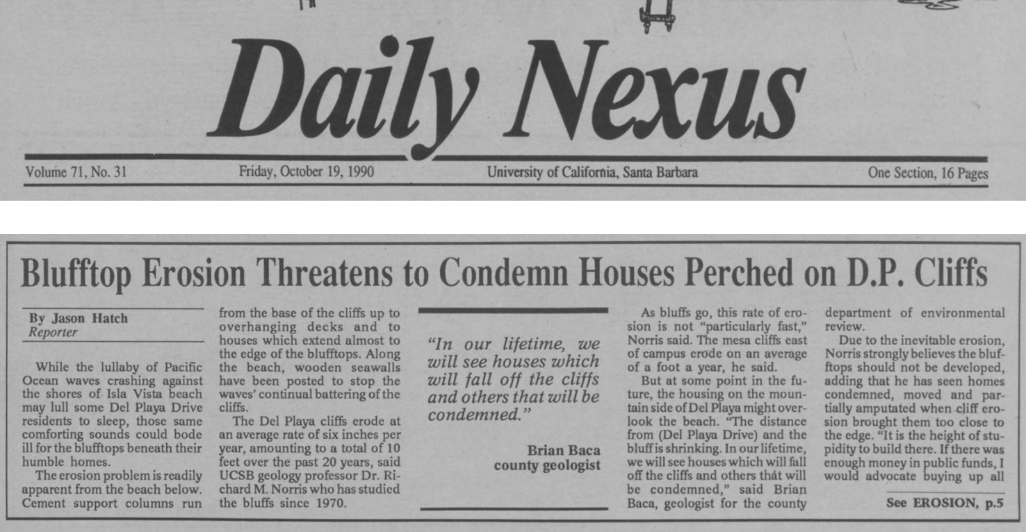 Article discusses blufftop erosion threatening homes on Del Playa Drive, warning of potential condemnations due to structural risks.