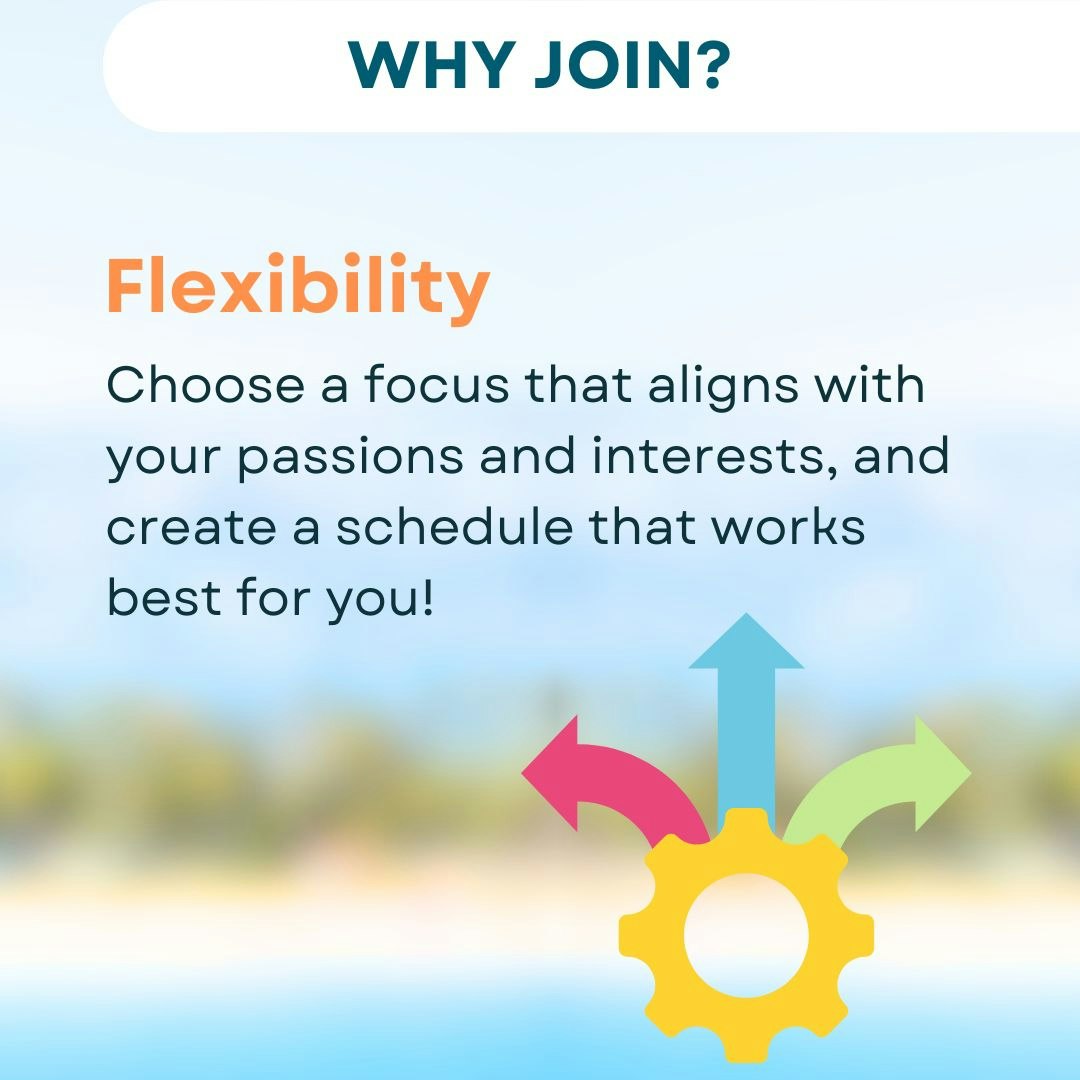 Promotional graphic highlighting "Flexibility" as a reason to join, with an image of colorful arrows and a gear, implying choice and customization.