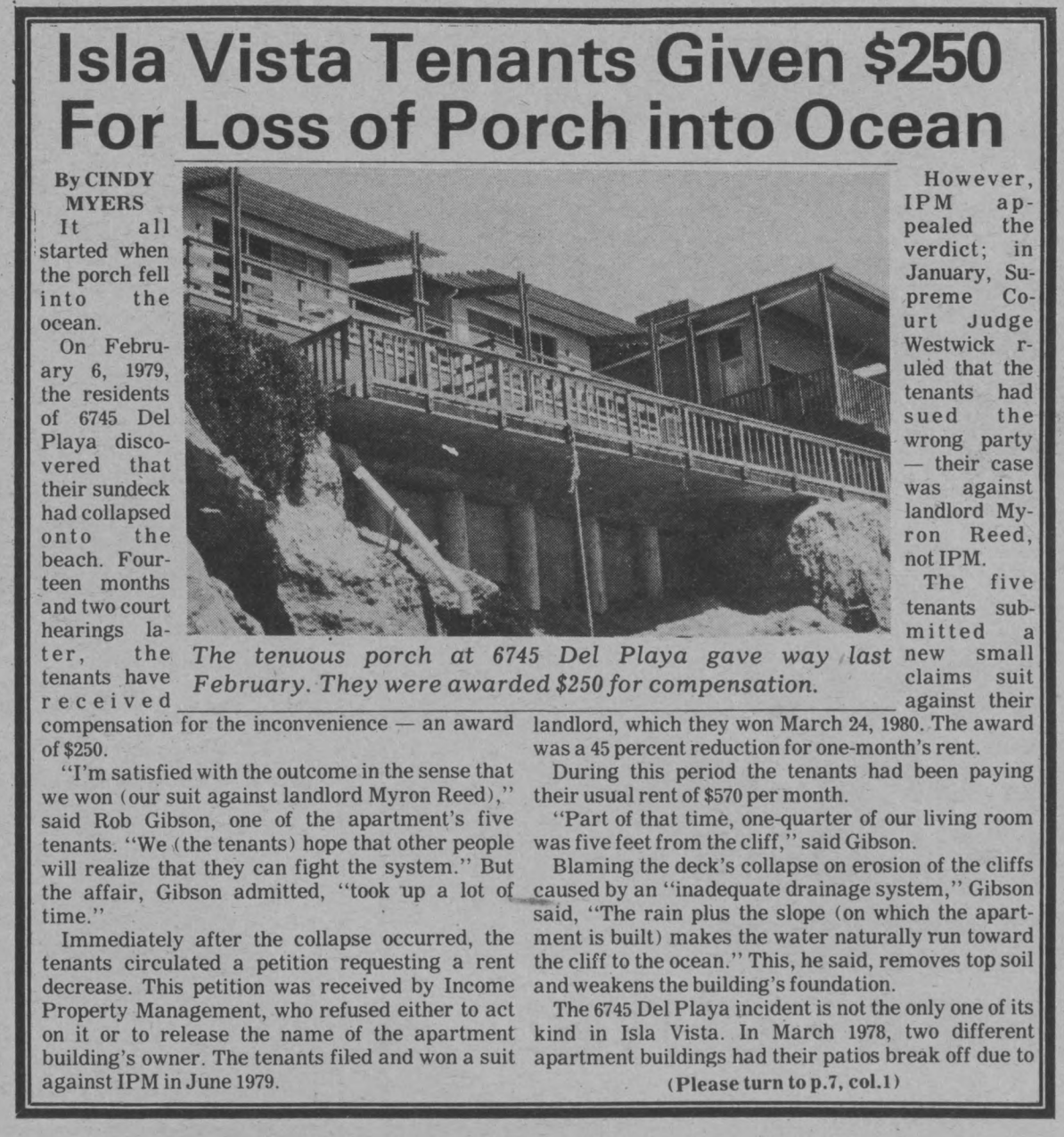 An article discusses tenants at 6745 Del Playa receiving $250 after their porch collapsed into the ocean in February 1979.