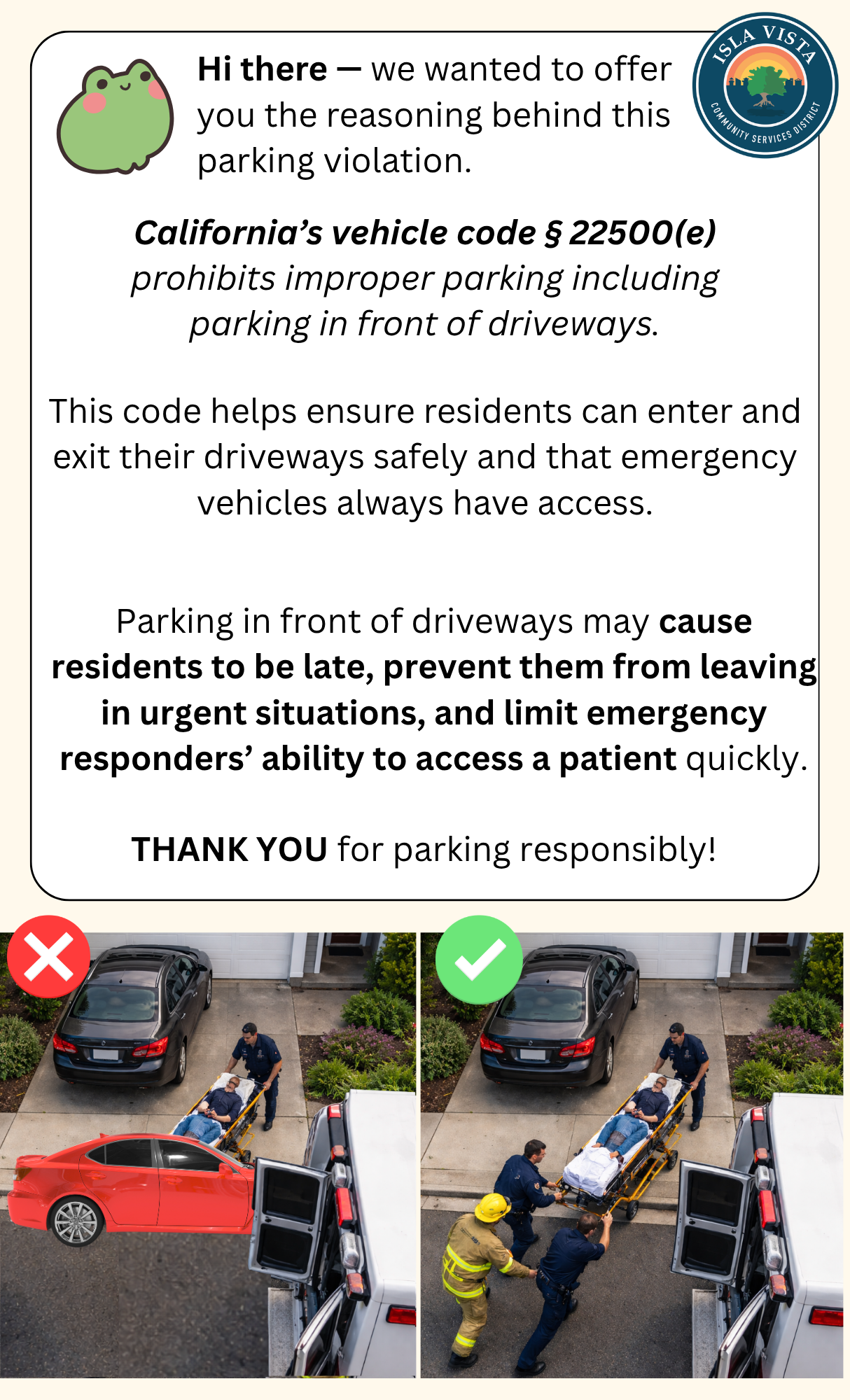 The image explains California's vehicle code prohibiting parking in front of driveways to ensure access for residents and emergency services.
