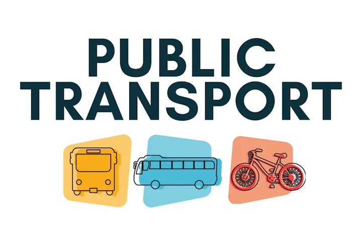Graphic with "PUBLIC TRANSPORT" text and icons of a bus, a coach, and a bicycle.