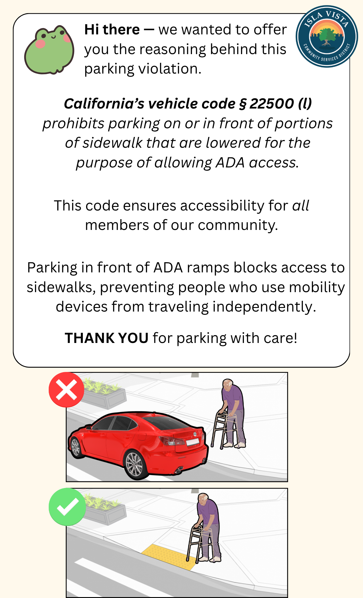 The image explains California's vehicle code § 22500 (l), highlighting that parking in front of ADA ramps obstructs accessibility.