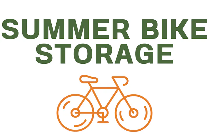 The image features the text "SUMMER BIKE STORAGE" with an illustration of a bicycle in orange.