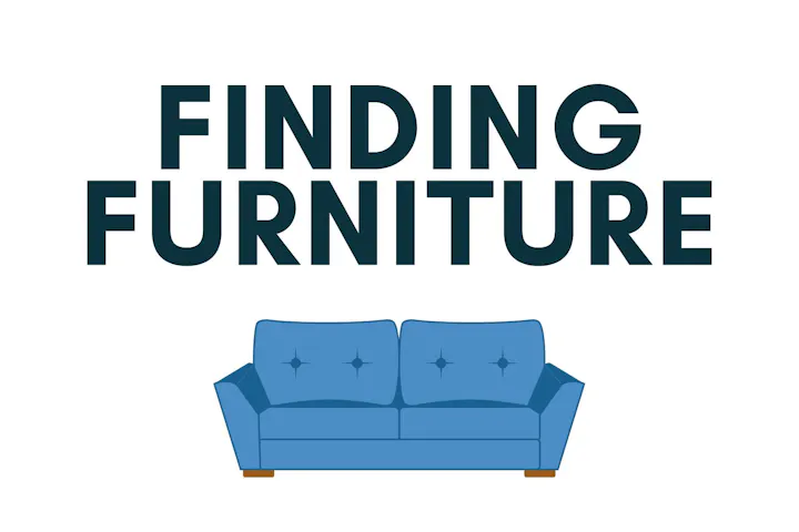 Text "FINDING FURNITURE" above an illustrated blue sofa.