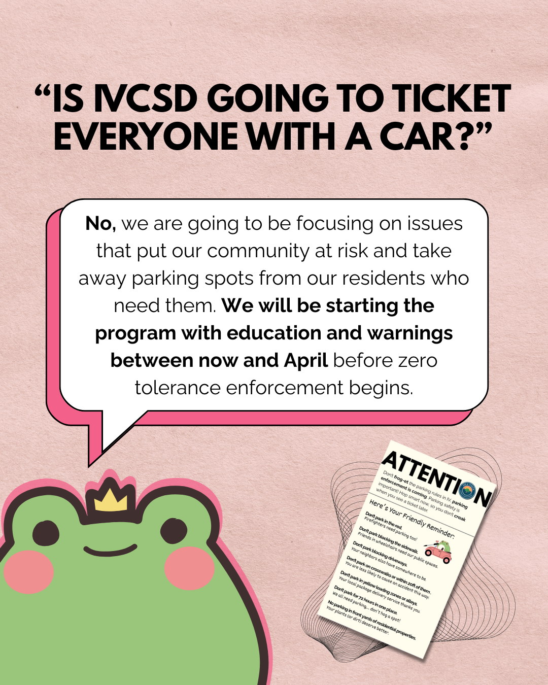 IVCSD will focus on community issues, starting a warning program before strict parking enforcement begins.