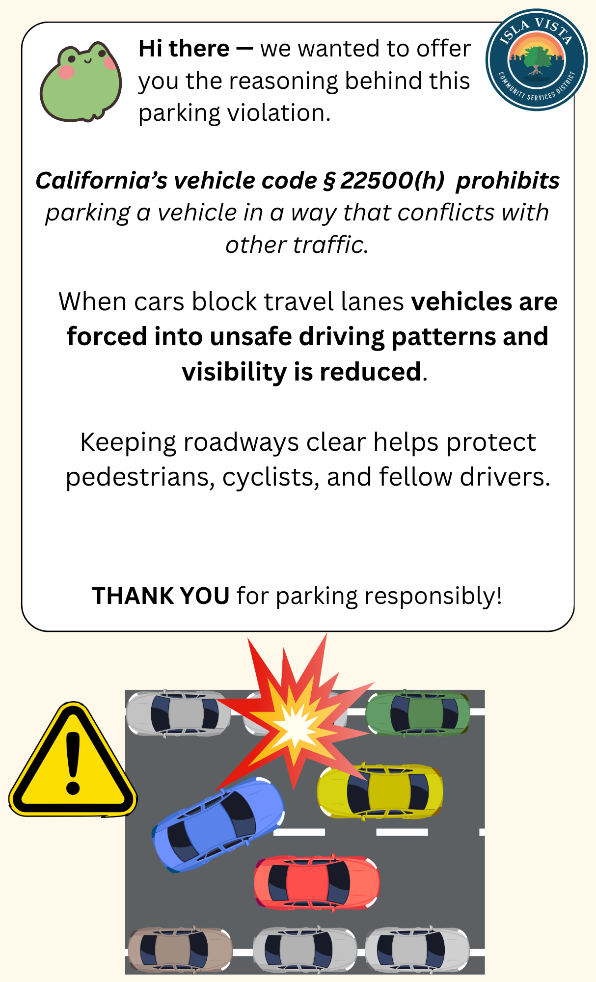 The image discusses California vehicle code § 22500(h), emphasizing safe parking to prevent traffic issues and protect everyone.