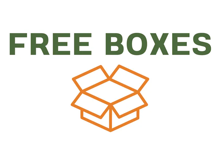 "FREE BOXES" text above an open cardboard box illustration.
