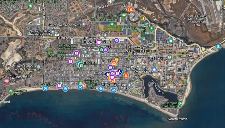 A map with various markers around the UCSB campus and nearby Isla Vista area.