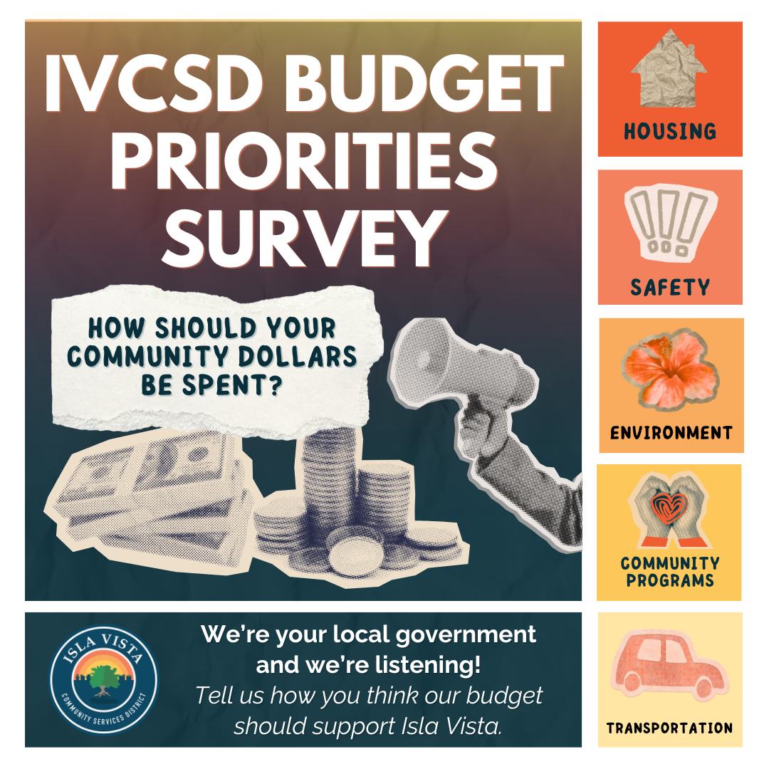 The image promotes the IVCSD Budget Priorities Survey, asking residents how community funds should be allocated across various sectors.