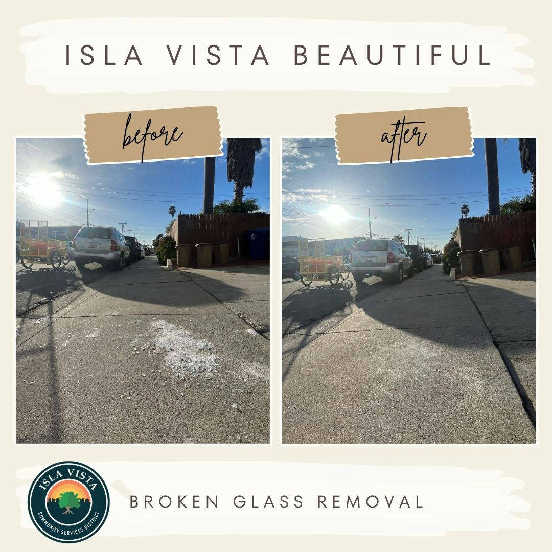 Before and after photos of glass removal on a street, with the second image showing a clean road.
