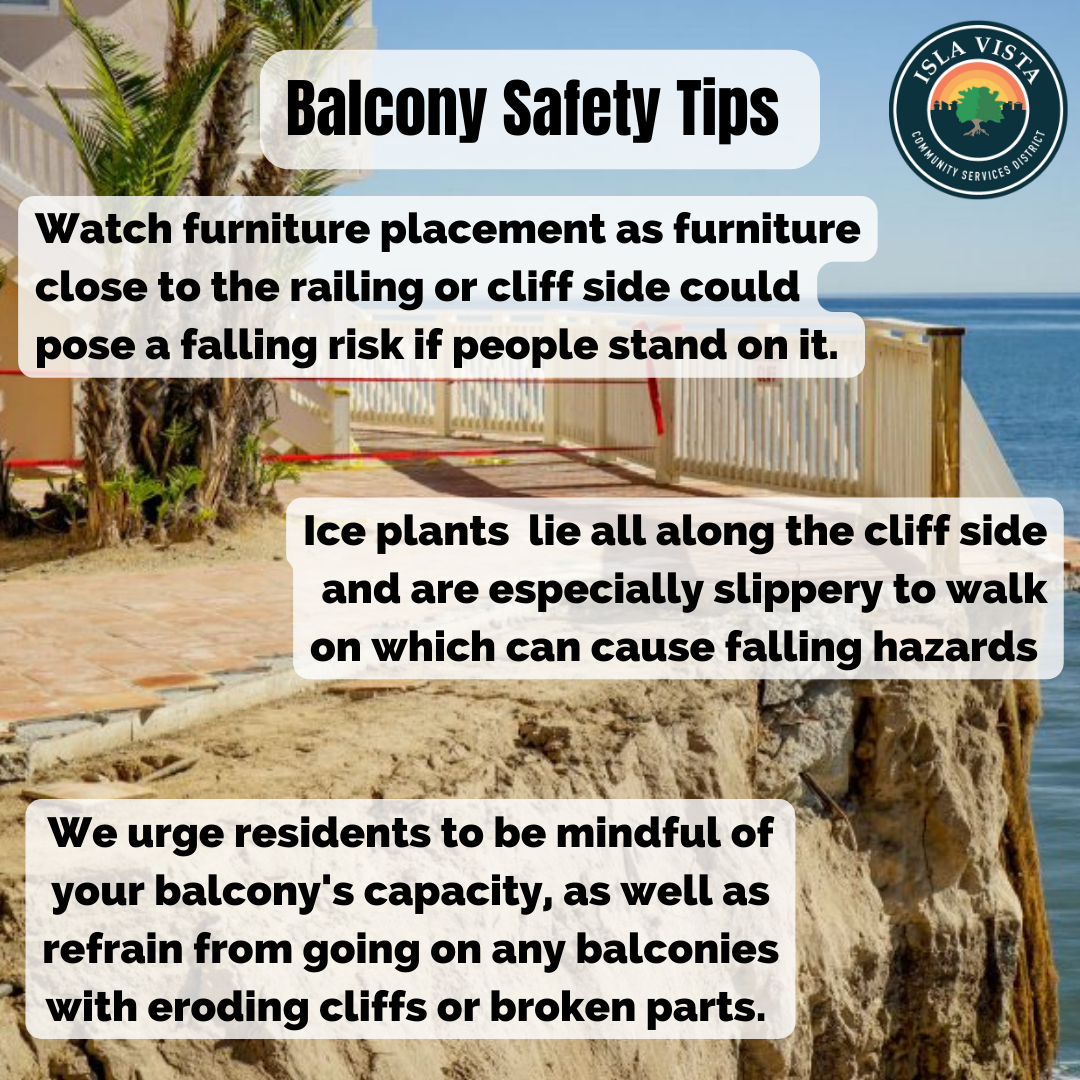 Image provides safety tips for balconies, warning about furniture placement, slippery ice plants, and monitoring balcony capacity.
