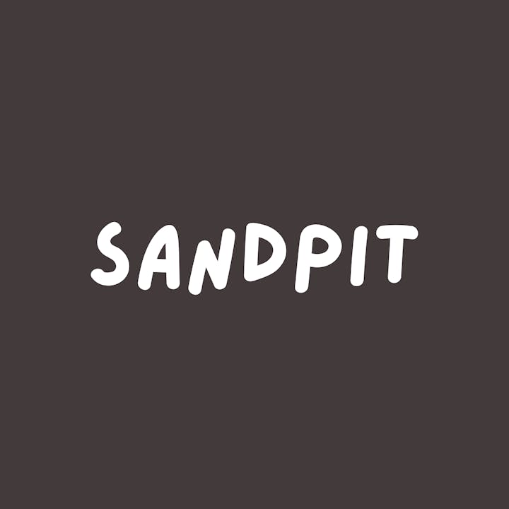 The image features the word "SANDPIT" written in playful, white letters against a dark background.