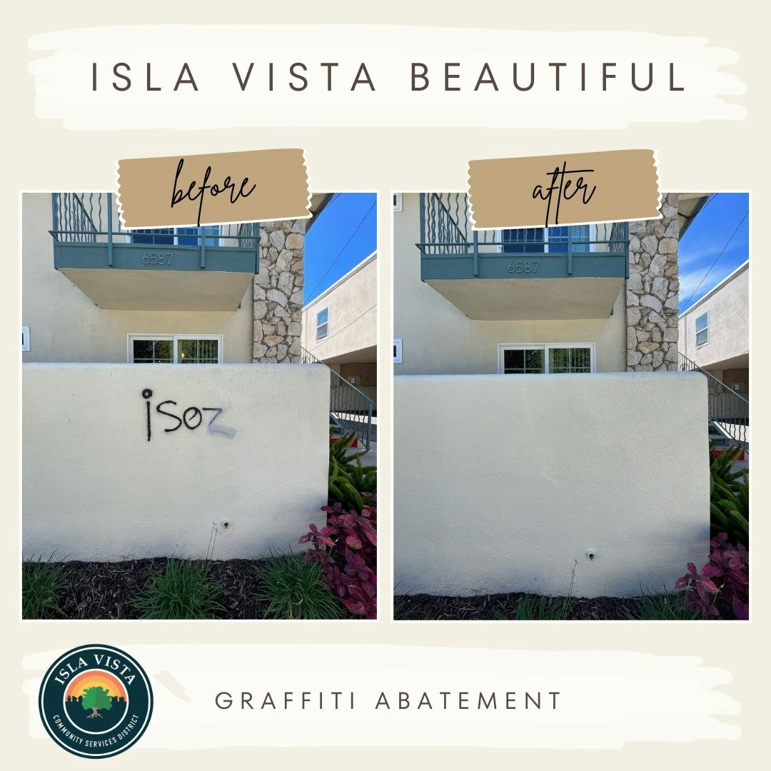 Before and after photos of graffiti removal on a building wall.
