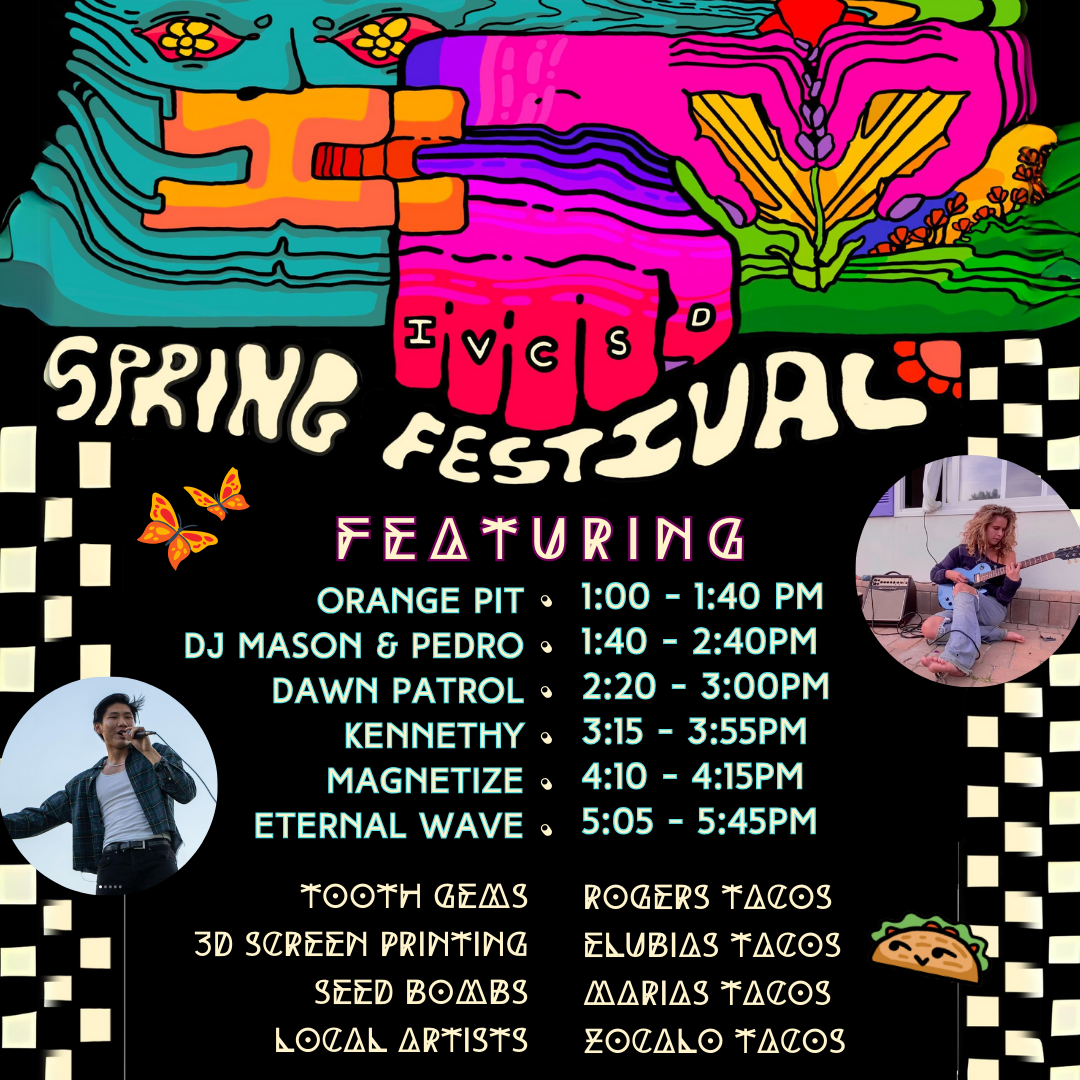 A colorful event poster for a Spring Festival listing activities, music line-up, and food options, with circular images of people.