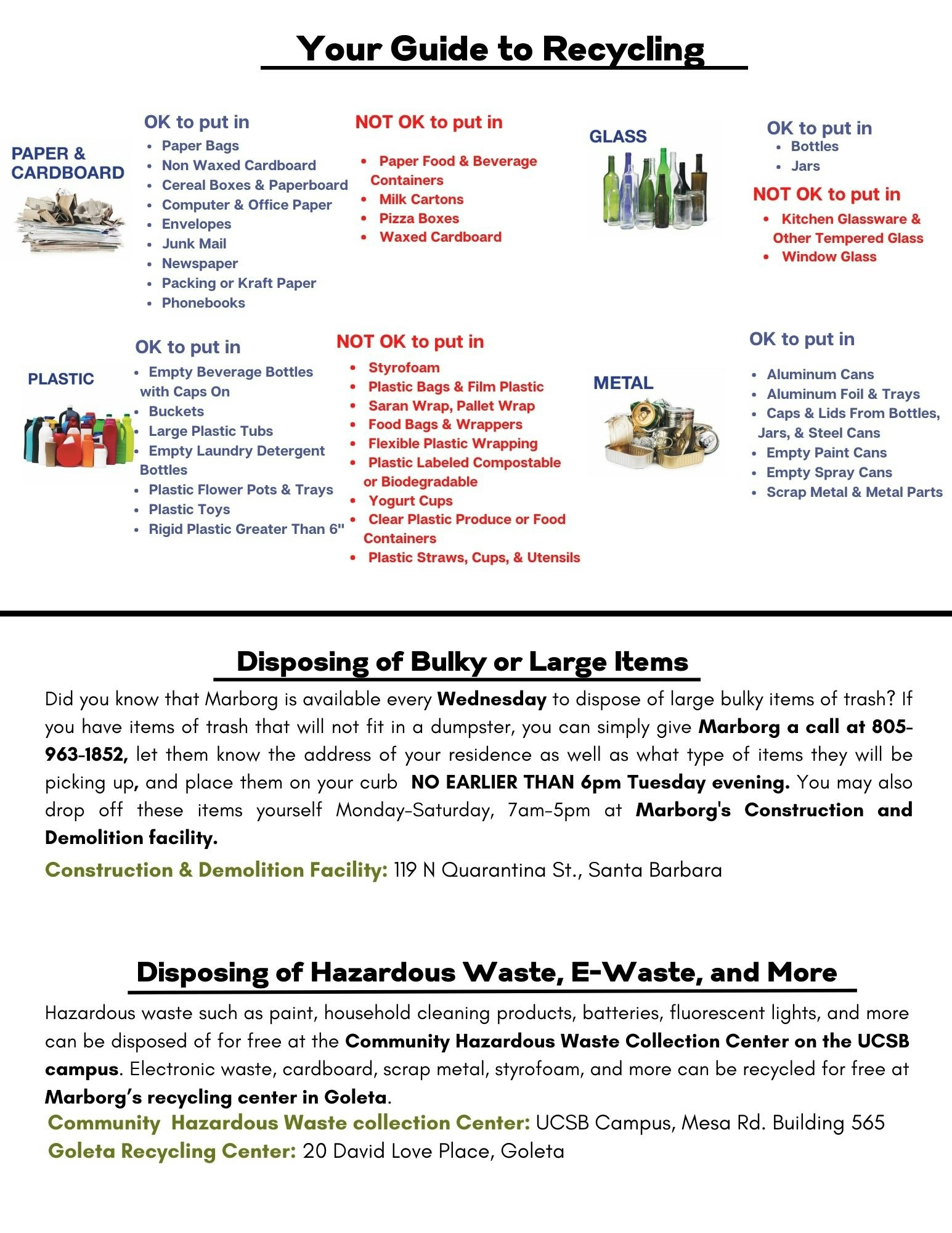 A recycling guide differentiating what is OK and not OK to recycle: paper, plastic, glass, metal, and info on disposing bulky and hazardous waste.